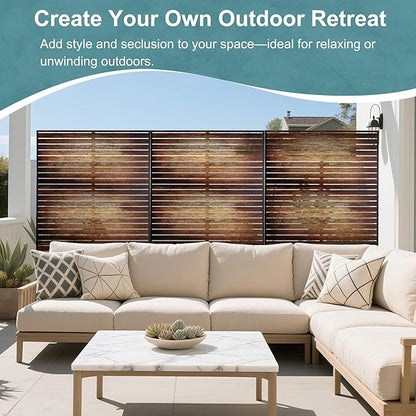 Metal Privacy Screen Outdoor Freestanding Privacy Wall Panels and Decorative Patio Dividers,Crafted from Steel with Sun-Proof Design,Ideal for Patio,Garden,72" H×47" L（Wooden&Vintage-3 Panels