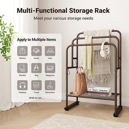 ELYKEN 40'' Tall Standing Towel Racks, 3 Tier Towel Drying Rack Outdoor, Pool Towel Stand Blanket Holder with Shelf & 4 Removable Hooks, Metal Freestanding Towel Racks for Bathroom, Smooth Silver