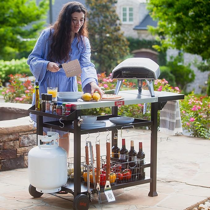 Outdoor Grill Cart, Pizza Oven Table Stand for Outdoor Indoor, 40" x 26" Stainless Steel Tabletop Dining BBQ Grill with Wheels for Food Prep, 3-Shelf Kitchen Cart Table