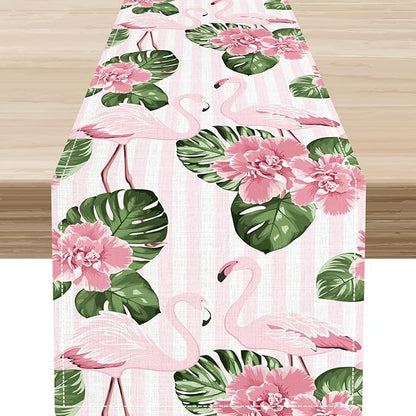 Tropical Table Runner,Retro Flamingo Hawaii Summer Palm Leaves Flower Stripes Table Center Decor for Family Kitchen Living Room Outdoor Farmhouse Party Table Decorations, 13"x108"