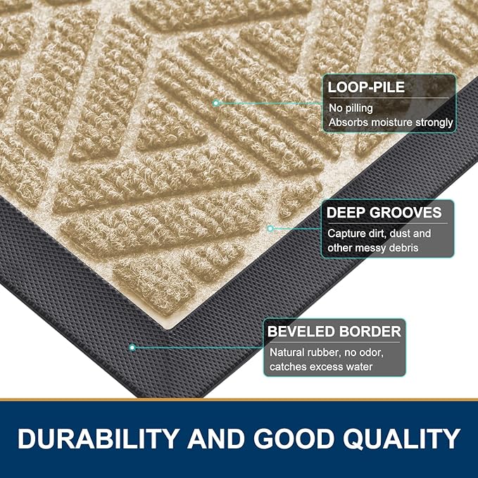 Smiry Front Door Mat Outside Entrance, Heavy Duty Sturdy Natural Rubber Doormat, Trap Dirt and Moisture, Easy Clean Low Profile Mats for Indoor Outdoor Entry, Grid Geometric (59x24, Beige)