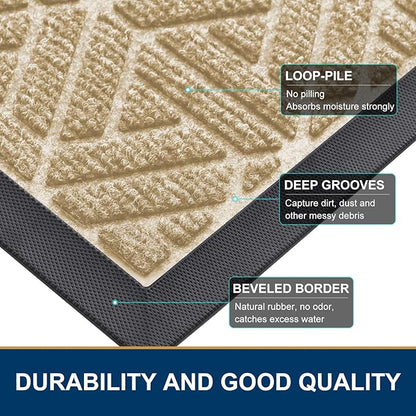 Smiry Front Door Mat Outside Entrance, Heavy Duty Sturdy Natural Rubber Doormat, Trap Dirt and Moisture, Easy Clean Low Profile Mats for Indoor Outdoor Entry, Grid Geometric (59x24, Beige)