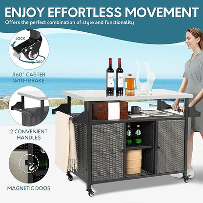 Outdoor Wicker Grill Cart with Storage Cabinet, Outdoor Moveable Bar with Rolling Wheels, Patio Prep Table with Wicker Cabinet, Kitchen Buffet Cabinet with Island, Grey