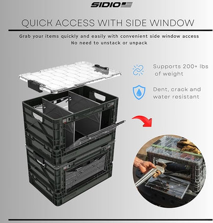 SIDIO Full-Size Collapsible Crate - Heavy Duty Stackable Storage Bin with Lid & 2 Short-Ways Dividers, Durable Plastic Organizer for Home, Office, Garage & Outdoor Use (Gray)
