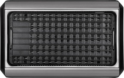 Indoor Smokeless Grill 1500W with Smart LED Touch Screen, Tempered Glass Lid, 2 Removable Ceramic Nonstick Grill & Griddle Plate, in a Modern Stainless Steel Design.