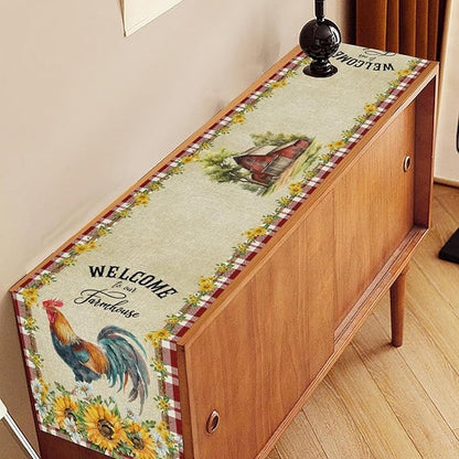 Rooster Table Runner, Farmhouse Red Plaid Sunflower Floral Chicken Farm Cow Pig Rustic Coffee Table Center Decor for Family Kitchen and Dining Room Outdoor Country Party Table Decorations, 13"x108"