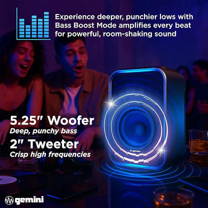 Gemini Portable Bluetooth Party Speaker with LED Lights - 600W Peak Power, 6Hr Battery, IPX5 Waterproof, USB/AUX/FM Radio for Outdoor BBQ Pool Parties (GNV-60)