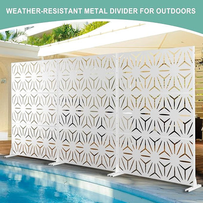 Metal Privacy Screen for Outdoor & Indoor Use, Free Standing Privacy Screen for Patio Garden Pool, 72" H x 47" W Decoative Privacy Panels, Weather Resistant, Easy Assembly (White Star)