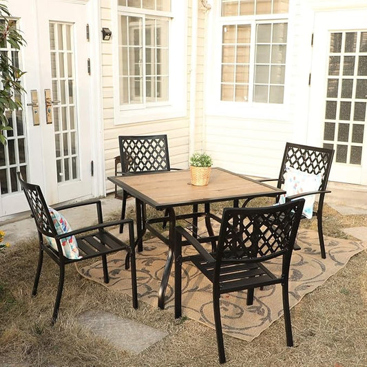 Sophia & William Patio Table and Chairs Set, Outdoor Dining Set for 4, 5 Piece Metal Patio Furniture, 37" Square Table with Wood-Like Tabletop(Geometry)
