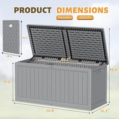 Flamaker Resin Deck Box 270 Gallon, Waterproof Imitation-Wood Lockable Storage Box with Separator Plate Outdoor Indoor, Garden, Patio Furniture for Tools&Pool Accessories (Gray)