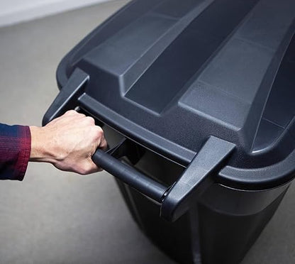 32 Gallon Heavy Duty Wheeled Plastic Garbage Can with Attached Lid and Easy Grip Handle – Bottom Hand Groove, Rugged Wheels, Indoor Outdoor Trash Can for Home, Kitchen, Yard, Patio (1)