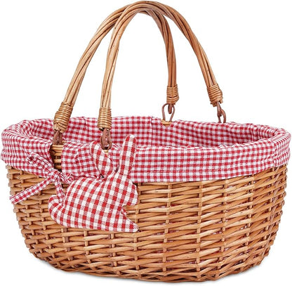 G GOOD GAIN Wicker Picnic Basket with Double Folding Handles,Willow Picnic Hamper,Natural Hand Woven Easter Basket,Easter Eggs and Candy Basket,Bath Storage,Gift Packing Basket.Red