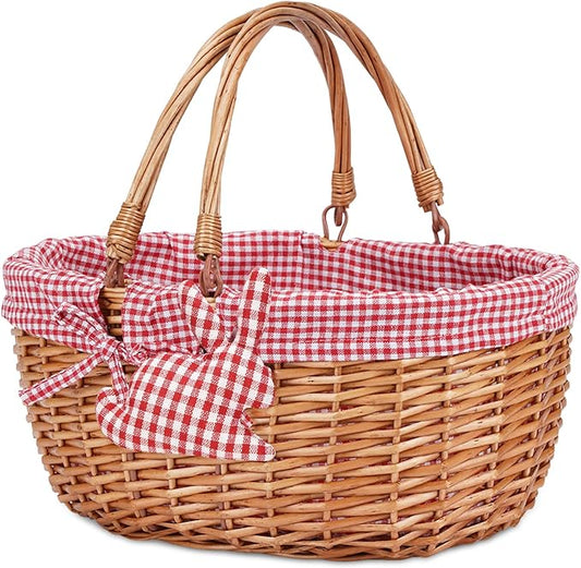 G GOOD GAIN Wicker Picnic Basket with Double Folding Handles,Willow Picnic Hamper,Natural Hand Woven Easter Basket,Easter Eggs and Candy Basket,Bath Storage,Gift Packing Basket.Red