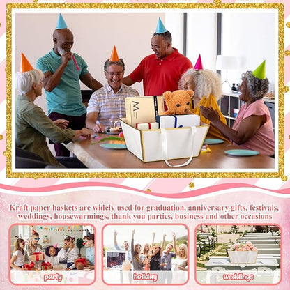 Pinkunn 48 Pcs Basket for Gifts Empty DIY Bulk Gift Basket Kit with Handles Kraft Cardboard Tray for Wedding Baby Shower Graduation Party Anniversary Party Display(White Gold)