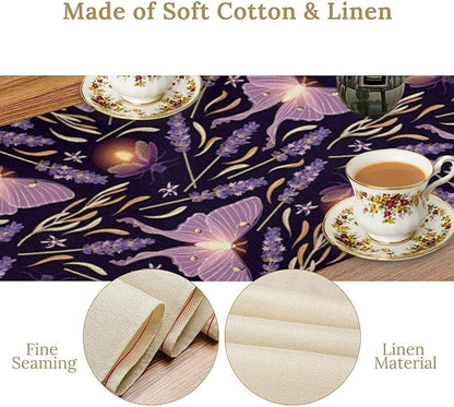 Purple Moth Table Runner,Retro Butterfly Flower Print Table Runner for Wedding Holiday Indoor Outdoor Party Home Decor 13x70in