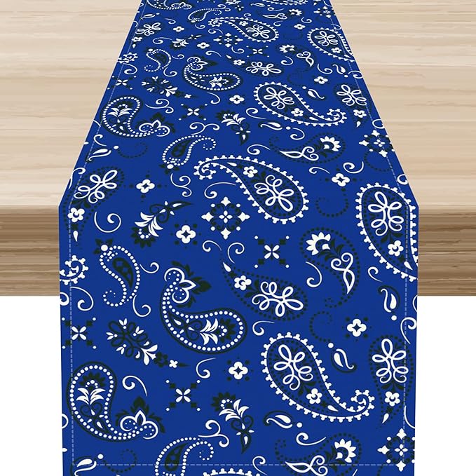 Blue Paisley Table Runner, Vintage Damask Antique Floral Flower Boho Damask Swirled Rustic Coffee Table Center Decor for Family Kitchen and Living Room Outdoor Table Decorations, 13"x108"