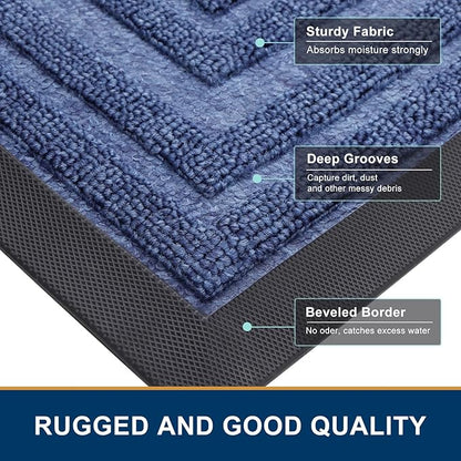 Buganda Front Door Mat Indoor Outdoor Entrance, Non-Slip Natural Rubber Doormats, Easy Clean, Low Profile, Dirt Trapper Entryway Floor Mats for Outside, Garages and Patios, 47x32, Blue