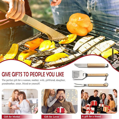 Heavy-Duty Grill Accessories BBQ Tool Sets Multi Functional Spatula with Knife Edge, Fork,Tongs, Bottle Opener Ash Wood Handle & Thick Stainless Steel Essential Accessories for Barbecue & Grill