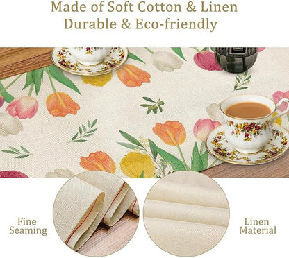 Tulips Spring Table Runner, Rustic Farmhouse Watercolor Botanical Colorful Tulips Olive Leaves Summer Garden Table Cover For Kitchen Dinning Table Indoor Outdoor Party Wedding Decor, 13x120inch