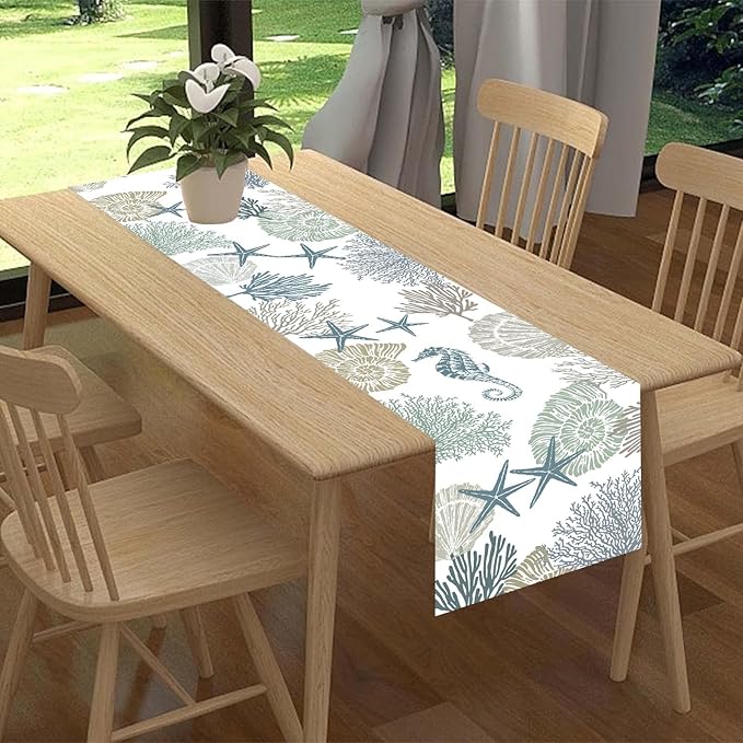 Coastal Table Runner, Summer Beach Starfish Seahorse Seashells Blue Coral Nautical Tropical Ocean Farmhouse Table Center Decor for Home Kitchen Dining Patio Indoor Outdoor Decorations, 13"x72" Inch