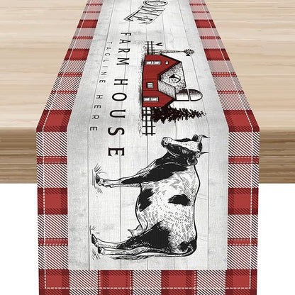 Farmhouse Cow Table Runner, Rustic Red Plaid Animals Buffalo Coffee Table Center Decor for Family Kitchen Dining Room and Living Room Outdoor Country Holiday Party Table Decorations, 13" X 90"