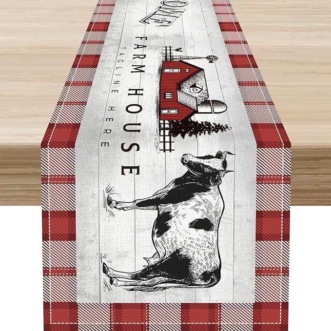 Farmhouse Cow Table Runner, Rustic Red Plaid Animals Buffalo Coffee Table Center Decor for Family Kitchen Dining Room and Living Room Outdoor Country Holiday Party Table Decorations, 13" X 36"