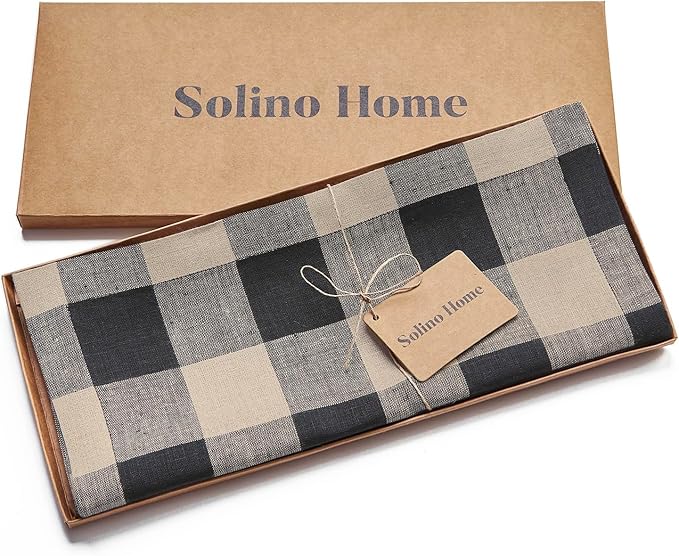 Solino Home Linen Checkered Table Runner 48 Inches - 100% Pure Linen Natural and Black Buffalo Check Table Runner 14 x 48 Inch Ideal for Dresser and Coffee Tables - Spring