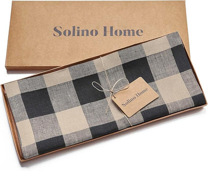 Solino Home Linen Checkered Table Runner 144 Inches Long - 100% Pure Linen Buffalo Check Natural and Black Table Runner 14 x 144 Inch Ideal for Dining, Spring