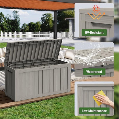 Mars Villa 72 Gallon Deck Box, Waterproof Weatherproof and UV Resistant Resin Storage Bin with Lockable Lid, Ideal for, Outdoor, Patio Furniture Cushions, Pool Supplies, Garden Tools, Greige