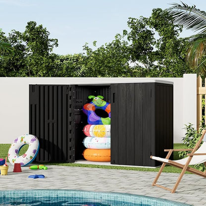KINYING Outdoor Horizontal Storage Sheds,37 Cu.ft Outdoor Storage Cabinet Waterproof Resin Tool Storage Box for Lawn Mower,Garden Tools and Patio Furniture, Lockable (Black)