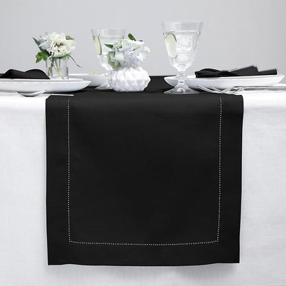 Solino Home Linen Black Table Runner 108 Inches Long - 100% Pure Linen 14 x 108 Inch Table Runner for Winter, Spring, Easter - Classic Hemstitch