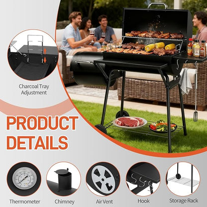 VINGLI Barrel Charcoal Grill with Offset Smoker, Built-in Lifting Carbon Mesh, Large Charcoal Barbecue Smoker Grill Combo for Outdoor Backyard Patio Camping Parties 52 × 20 × 44 inch