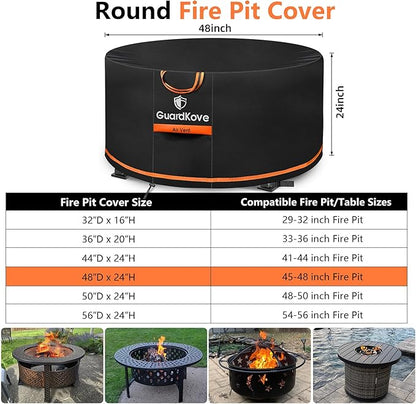 [Upgraded 1000D Heavy Duty Fabric] 48 Inch Fire Pit Cover Round for 46”- 48” Fire Pit/Tables, Waterproof Tear & Fade Resistant Firepit Cover with Buckle, Drawstring, Air Vent (48”D x 24”H, Black)