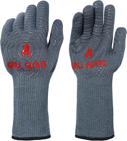 QUWIN BBQ Gloves, Oven Gloves 1472℉ Extreme Heat Resistant, Grilling Gloves Silicone Non-Slip Oven Mitts, Kitchen Gloves for BBQ, Grilling, Cooking, Baking-1 Pair… (Grey, One Size(Long Cuff))