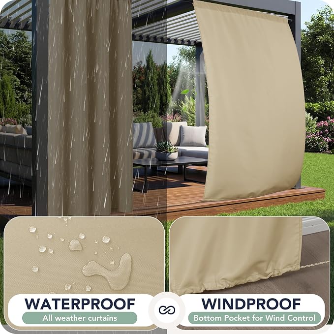 Patio Curtains Outdoor Waterproof, 4 Panels, Rod Pocket Sunshades | - Image 2