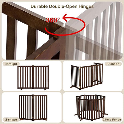 24" Height Tall Freestanding Pet Gate, Solid Wood Folding Safety Fence Wooden Dog Gate with 2 PCs Support Feet Ideal for Stairs, Doorways, Halls, Kitchens, Heavy Duty Gates, 2 Panels, Walnut