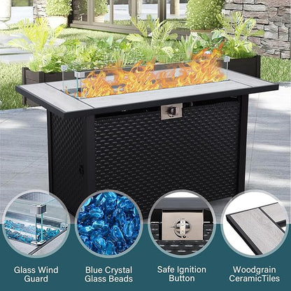 Patio Furniture Set 7 PCS Outdoor Patio Furniture with Propane Fire Pit Table Outdoor Couch Patio Chairs Outdoor Conversation Set with Peacock Blue Non-slip Cushions and Waterproof Covers