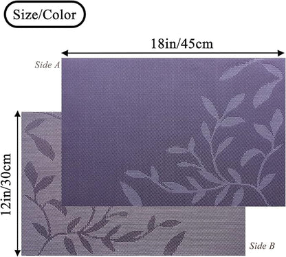 Leaf Placemats Set of 4, Non-Slip Heat-Resistant 18" x 12" Vinyl Washable Placemats for Kitchen Indoor Outdoor Party Birthdays Weddings Decoration (Purple)