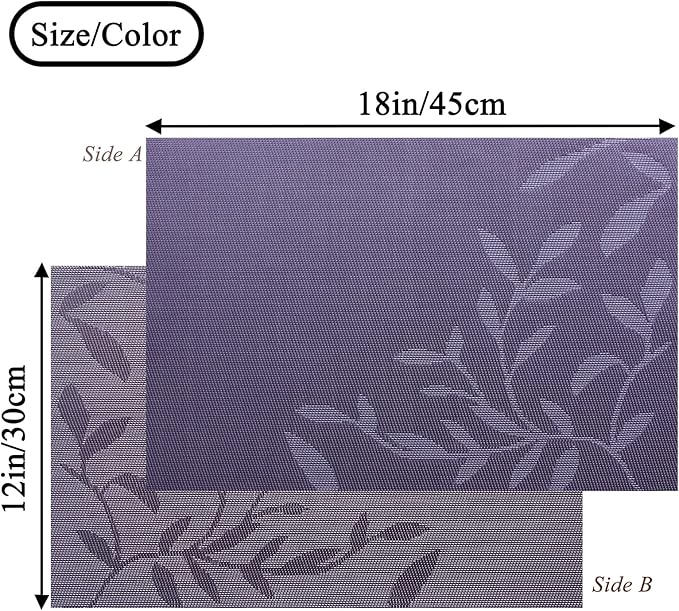 Leaf Placemats Set of 6, Non-Slip Heat-Resistant 18" x 12" Vinyl Washable Placemats for Kitchen Indoor Outdoor Party Birthdays Weddings Decoration (Purple)