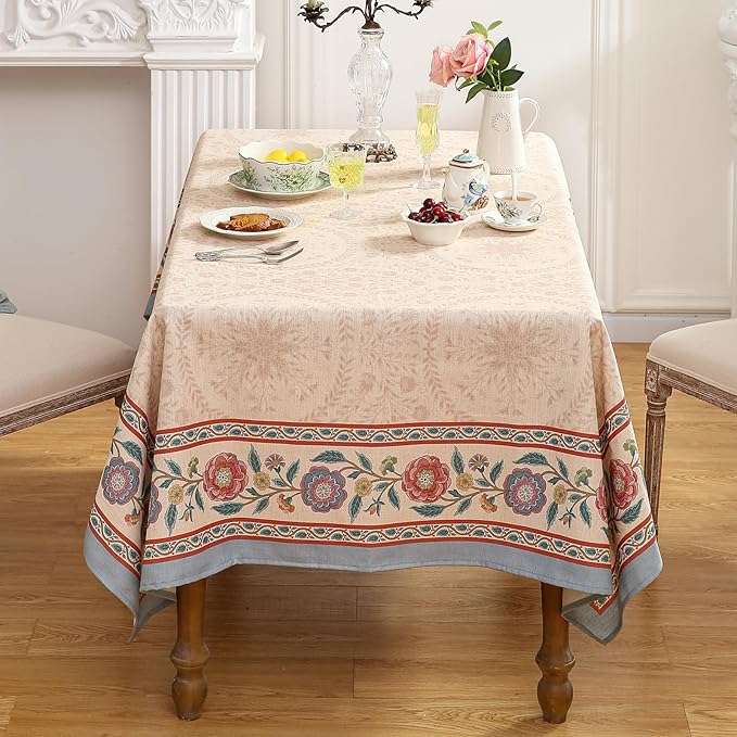 Beige Linen Rectangle Tablecloth,Vintage Indian Style Soft and Colorfast Floral Tablecloths,Decor Table Cover for Kitchen,Dining,Party,Thanksgiving,Christmas,63"*87"-Flowershadow E