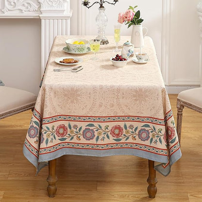 Beige Linen Rectangle Tablecloth,Vintage Indian Style Soft and Colorfast Floral Tablecloths,Decor Table Cover for Kitchen,Dining,Thanksgiving,Christmas,Home,55"*79"-Flowershadow E