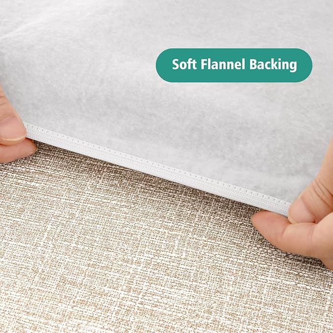 LUSHVIDA 6 Packs Vinyl Tablecloths with Flannel Backing for 8ft Rectangle Folding Table Cloths - Waterproof Plastic Picnic Table Covers with Elastic Corners, 30x96 inch, Natural Color