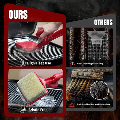 SHINESTAR Steam Grill Brush Bristle Free - Replaceable Cleaning Head with Unique Seamless-Fit Scraper, Durable Safe BBQ Cleaner for Cast Iron, Stainless-Steel & Various Grill Grate Types-Red