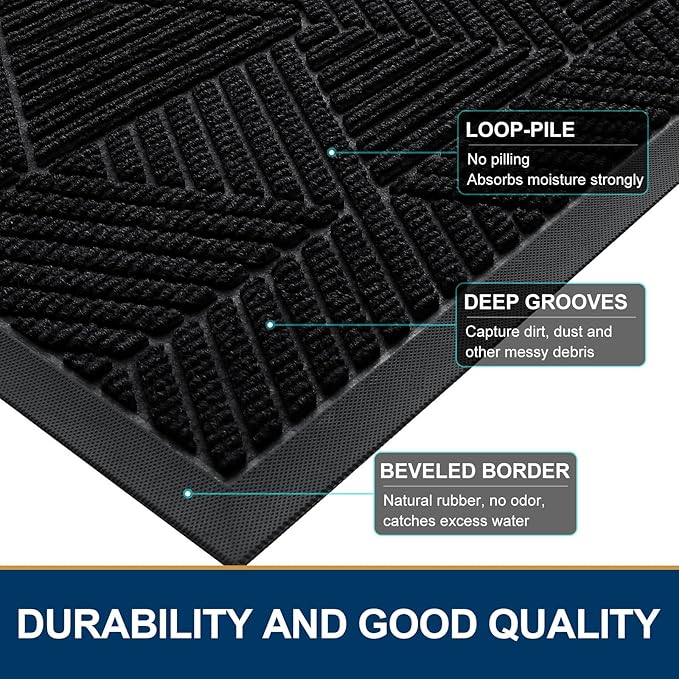 Smiry Front Door Mat Outside Entrance, Heavy Duty Sturdy Natural Rubber Doormat, Trap Dirt and Moisture, Easy Clean Low Profile Mats for Indoor Outdoor Entry, Irregular Triangle (47x24, Black)