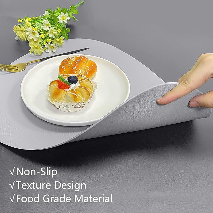 Herda Placemats Set of 6 for Dining Table Mats Faux Leather Place Mats Wipeable Washable Placemats for Round Table Mats for Kitchen Dining Patio Heat Resist Easy to Clean Light Grey