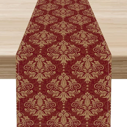 Red Damask Table Runner, Rustic Gothic Baroque Style Floral Boho Flower Antique Coffee Vintage Retro Table Center Decor for Kitchen and Dining Outdoor Home Country Party Table Decorations, 13"x36"