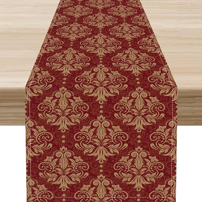 Red Damask Table Runner, Rustic Gothic Baroque Style Floral Boho Flower Antique Coffee Vintage Retro Table Center Decor for Kitchen and Dining Outdoor Home Country Party Table Decorations, 13"x108"