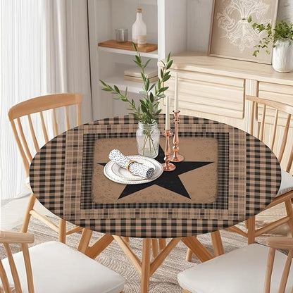 Western Texas Star Round Fitted Tablecloth with Elastic Vintage Black Brown Plaid Circle Table Cover for 36-40" Round Tables Stretch Waterproof Rustic Country Table Cloth for Kitchen Dining Patio