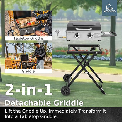 MFSTUDIO Small Portable Propane Griddle, 2 In 1 Gas BBQ Travel Grill with Foldable Stand, Compact and Light Countertop Grills with 2 Burners and Side Table, for Outdoor Cooking, Camping and Roadtrip