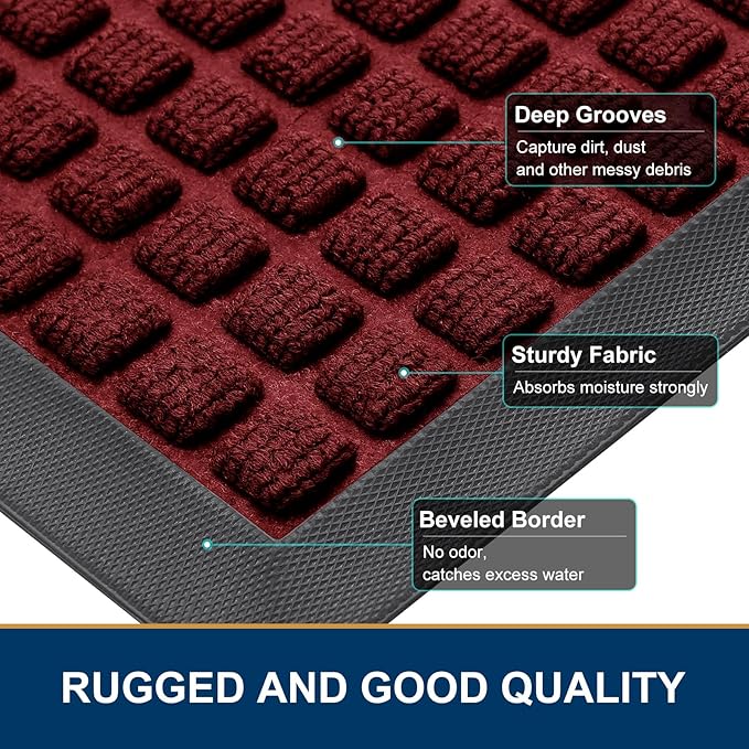 Smiry Front Door Mat Outside Entrance, Heavy Duty Natural Rubber Doormat, Non Slip, Trap Dirt and Moisture, Easy Clean, Low Profile Welcome Floor Mats for Indoor Outdoor Entry, 47x32 Inch, Red